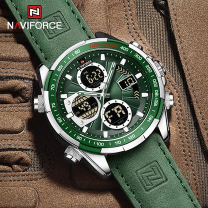 Naviforce watch with green strap and detailed face on a brown textured background