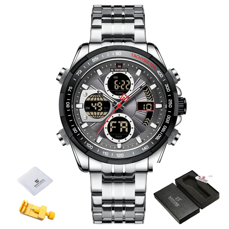 Naviforce watch with silver strap and digital display