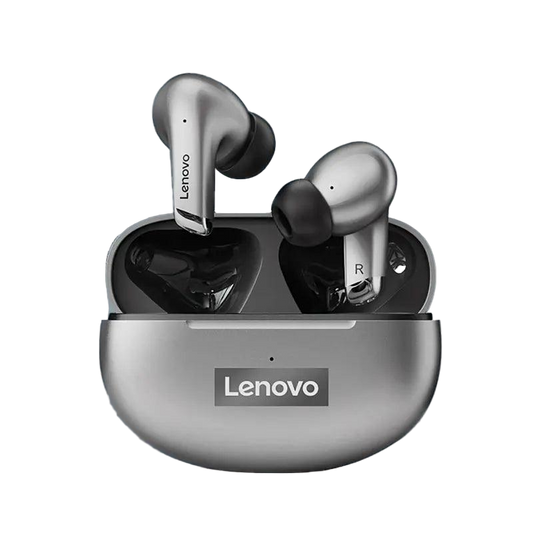 Lenovo wireless earbuds with charging case on a white background