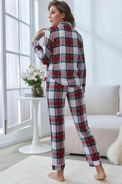Plaid Button Front Top and Pants Lounge Set Carauana Store