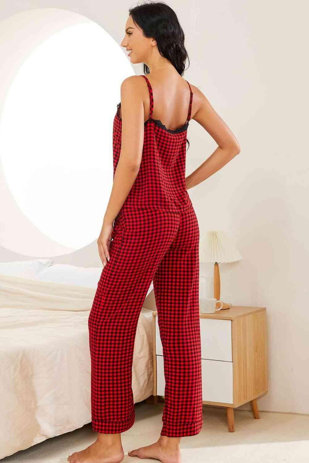 Plaid Lace Trim Cami and Drawstring Pants Pajama Set Carauana Store