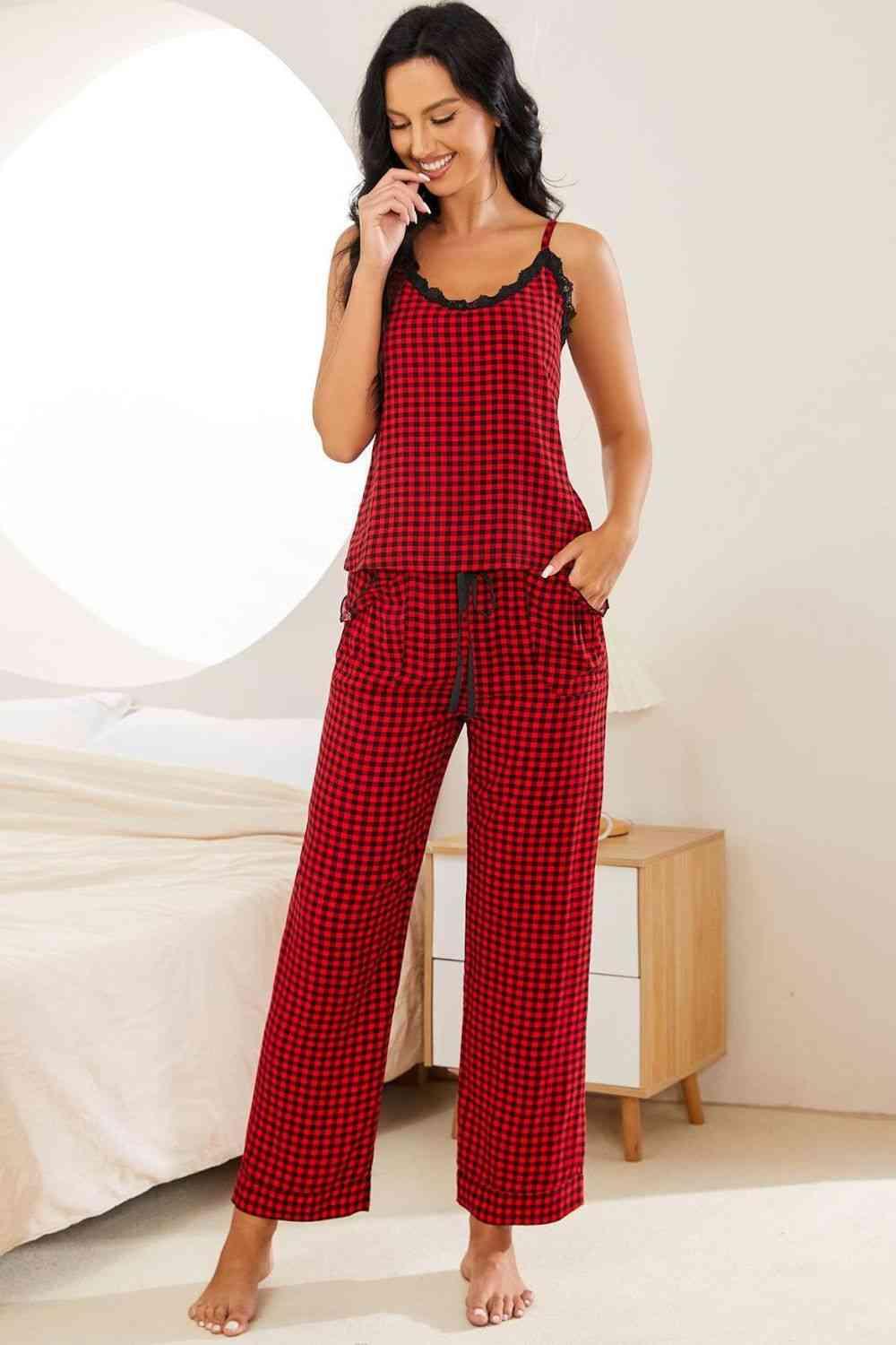 Plaid Lace Trim Cami and Drawstring Pants Pajama Set Carauana Store