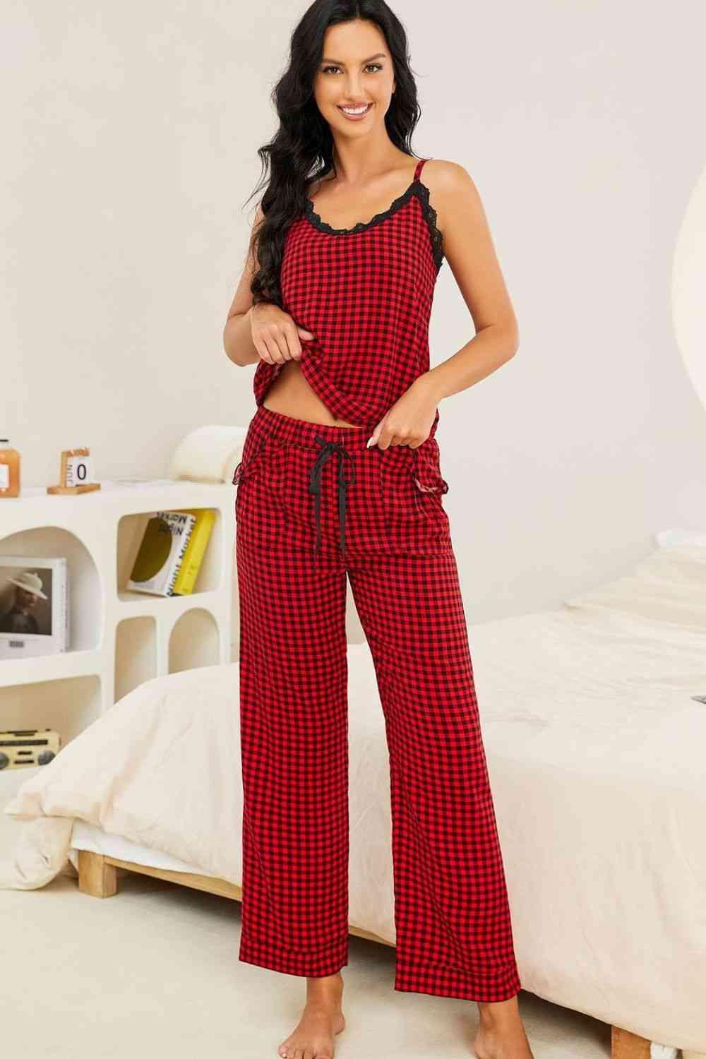 Plaid Lace Trim Cami and Drawstring Pants Pajama Set Carauana Store