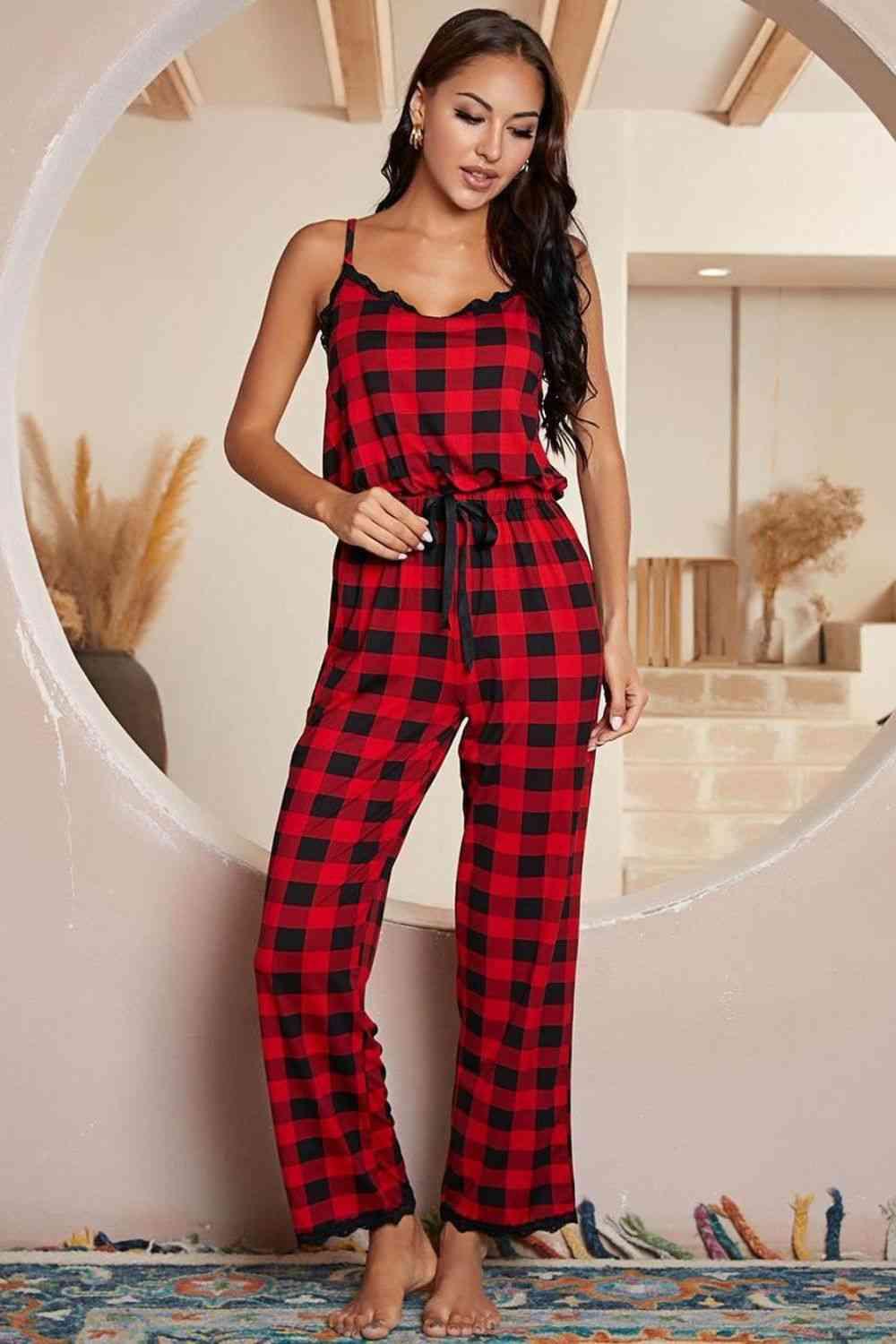 Plaid Lace Trim Spaghetti Strap Jumpsuit Carauana Store