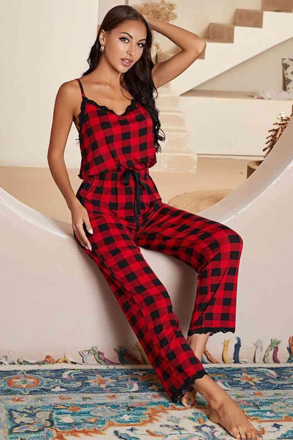 Plaid Lace Trim Spaghetti Strap Jumpsuit Carauana Store