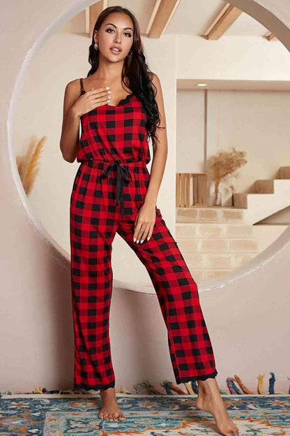 Plaid Lace Trim Spaghetti Strap Jumpsuit Carauana Store