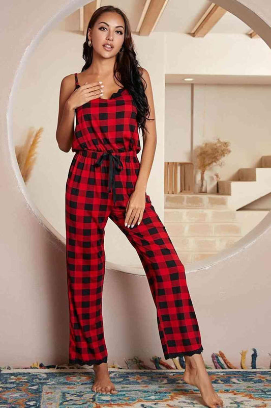 Plaid Lace Trim Spaghetti Strap Jumpsuit Carauana Store