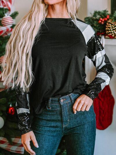 Plaid Sequin Long Sleeve Round Neck Sweatshirt Carauana Store