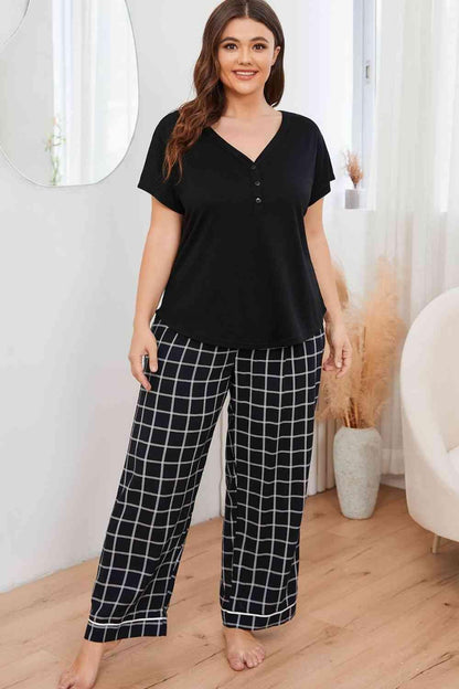 Plus Size V-Neck Top and Plaid Pants Lounge Set Carauana Store