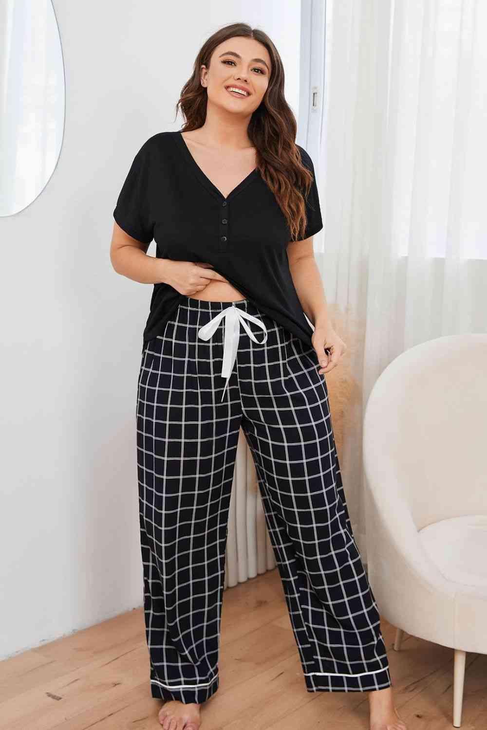 Plus Size V-Neck Top and Plaid Pants Lounge Set Carauana Store