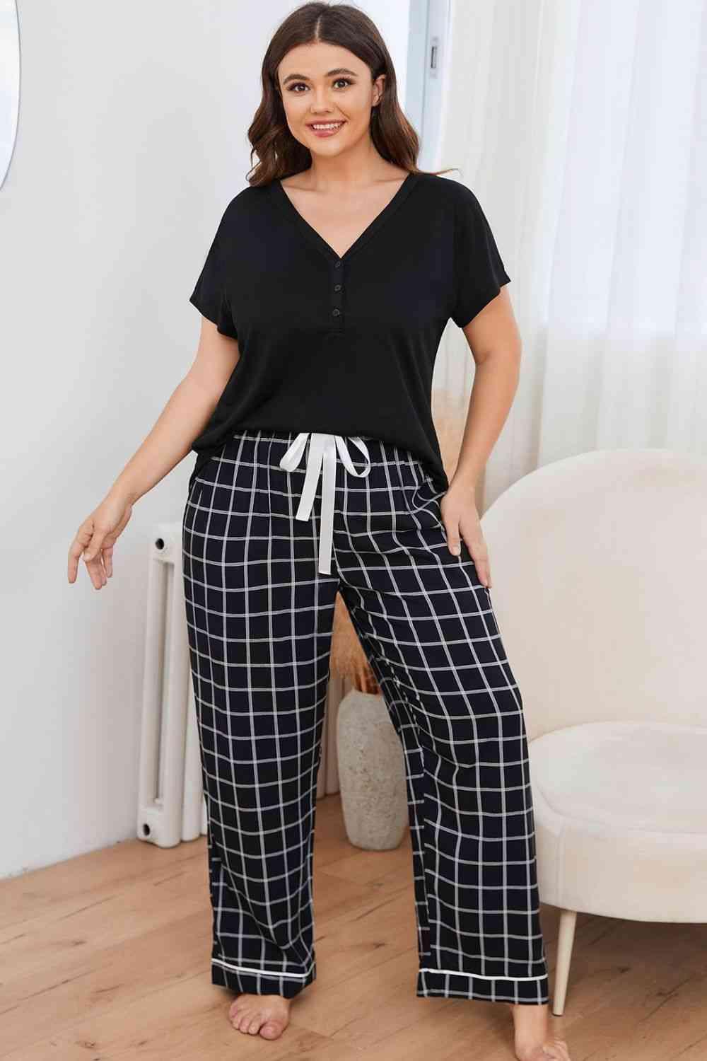 Plus Size V-Neck Top and Plaid Pants Lounge Set Carauana Store