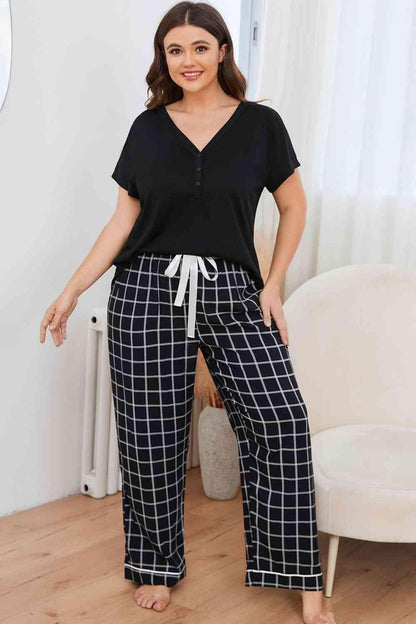 Plus Size V-Neck Top and Plaid Pants Lounge Set Carauana Store