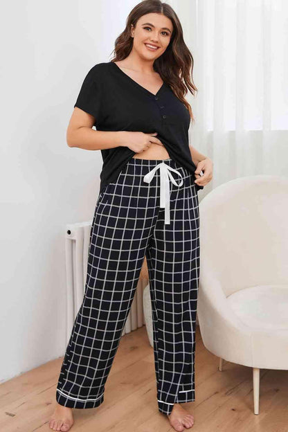 Plus Size V-Neck Top and Plaid Pants Lounge Set Carauana Store