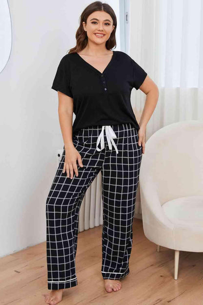 Plus Size V-Neck Top and Plaid Pants Lounge Set Carauana Store