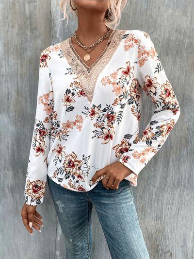 Printed V-Neck Long Sleeve Blouse Carauana Store