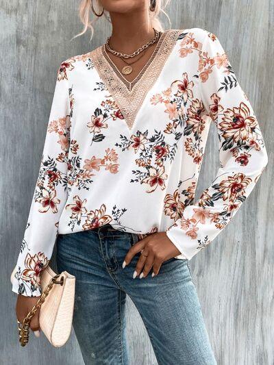 Printed V-Neck Long Sleeve Blouse Carauana Store