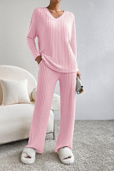 Ribbed V-Neck Top and Pants Lounge Set Carauana Store
