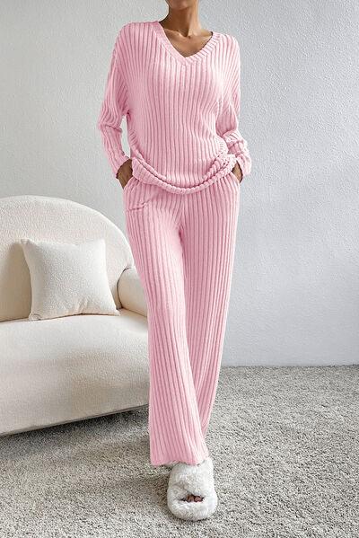 Ribbed V-Neck Top and Pants Lounge Set Carauana Store