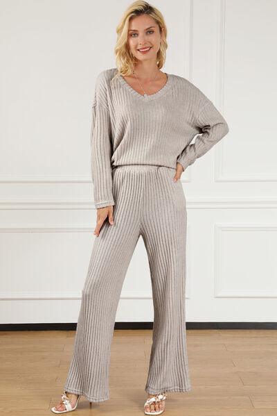 Ribbed V-Neck Top and Pants Lounge Set Carauana Store