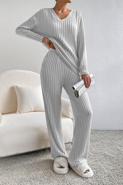 Ribbed V-Neck Top and Pants Lounge Set Carauana Store