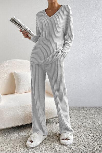 Ribbed V-Neck Top and Pants Lounge Set Carauana Store