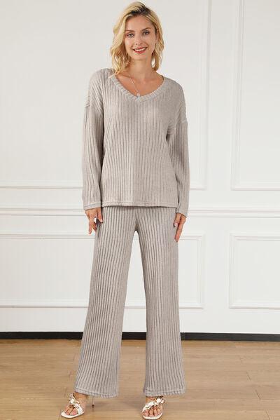 Ribbed V-Neck Top and Pants Lounge Set Carauana Store