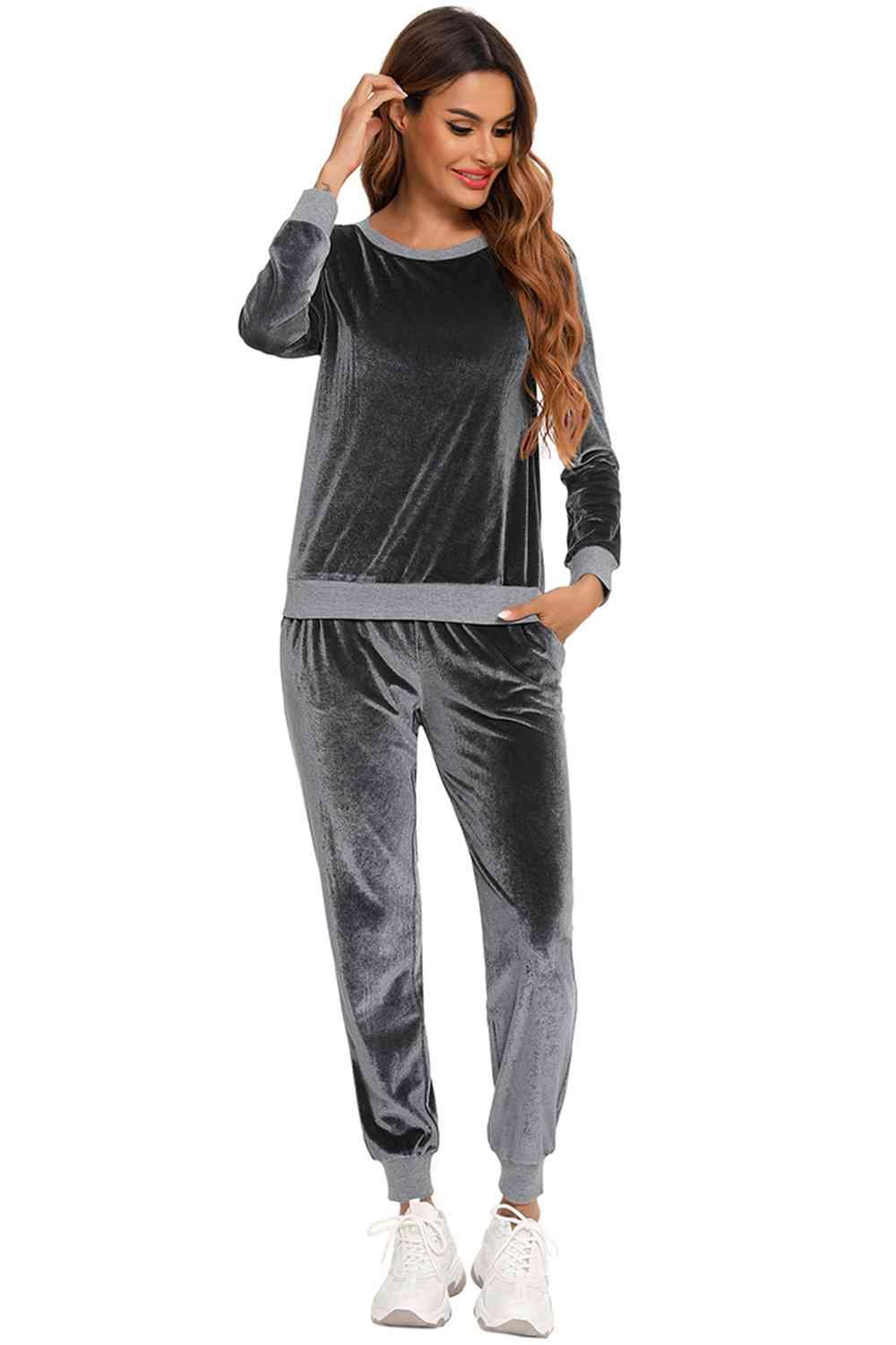 Round Neck Long Sleeve Loungewear Set with Pockets Carauana Store