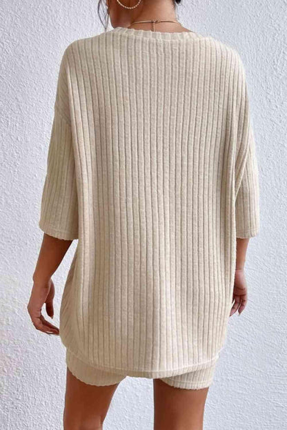 Round Neck Ribbed Top and Shorts Lounge Set Carauana Store