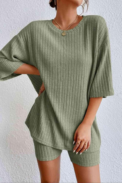 Round Neck Ribbed Top and Shorts Lounge Set Carauana Store