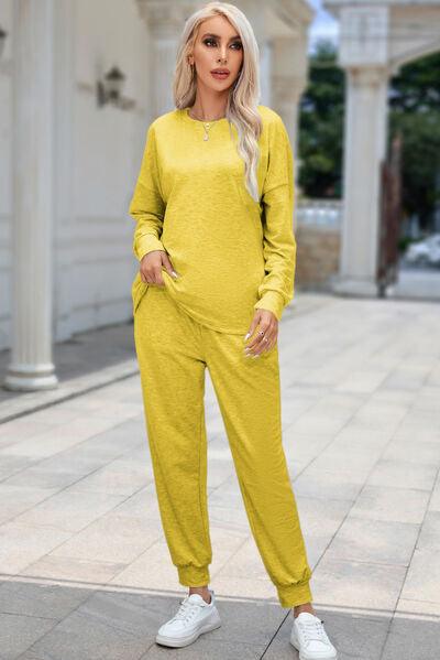 Round Neck Top and Drawstring Pants Lounge Set Carauana Store