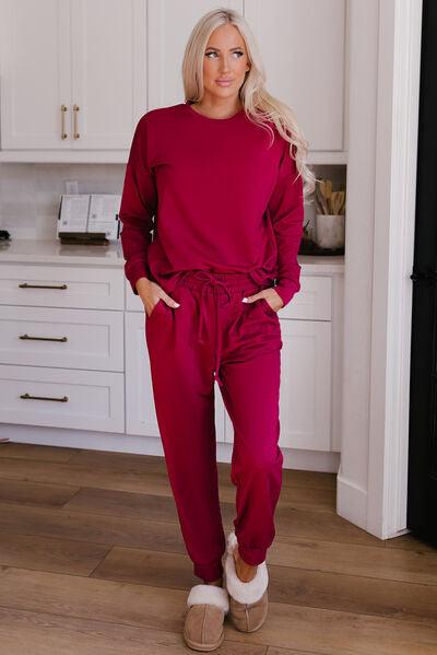 Round Neck Top and Drawstring Pants Lounge Set Carauana Store