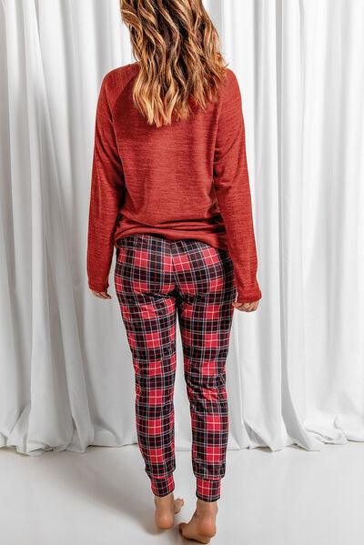 Round Neck Top and Drawstring Plaid Pants Lounge Set Carauana Store