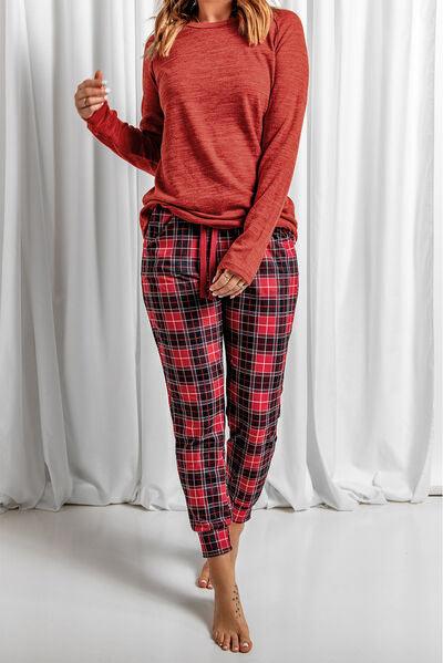 Round Neck Top and Drawstring Plaid Pants Lounge Set Carauana Store