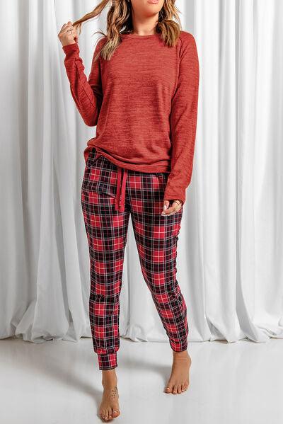 Round Neck Top and Drawstring Plaid Pants Lounge Set Carauana Store