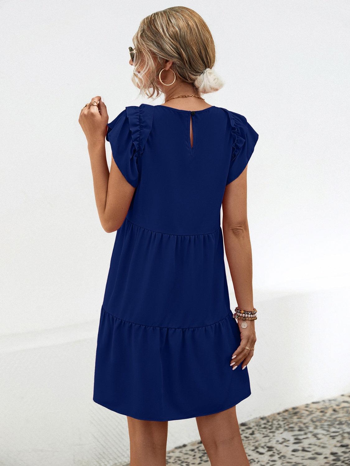 Ruffled Round Neck Cap Sleeve Mini Dress Carauana Store
