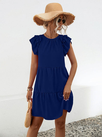 Ruffled Round Neck Cap Sleeve Mini Dress Carauana Store