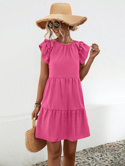 Ruffled Round Neck Cap Sleeve Mini Dress Carauana Store