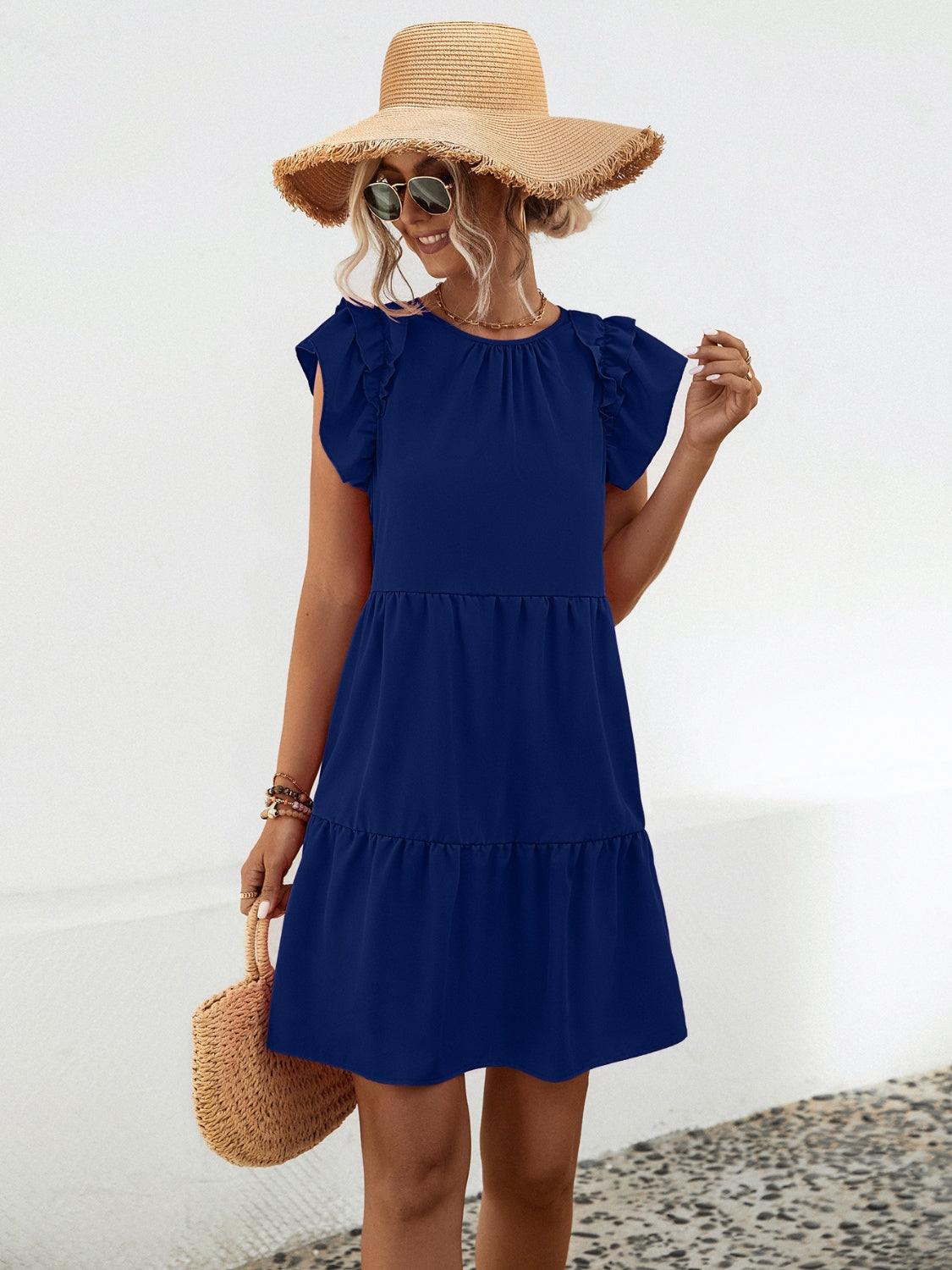 Ruffled Round Neck Cap Sleeve Mini Dress Carauana Store