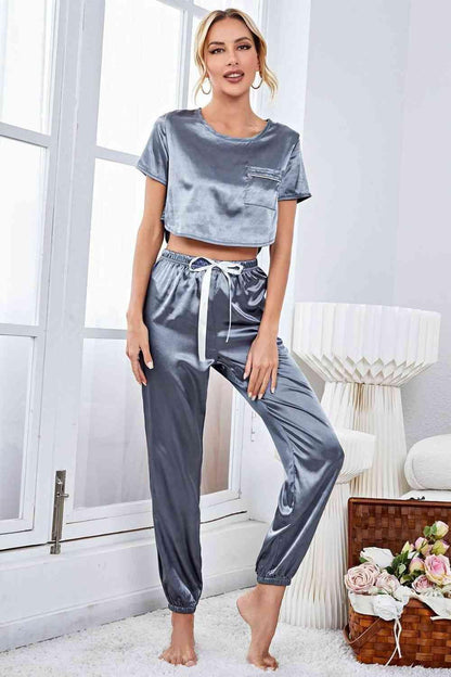 Satin Short Sleeve Crop Top and Joggers Lounge Set Carauana Store