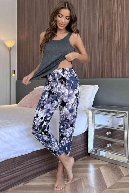 Scoop Neck Tank and Floral Cropped Pants Lounge Set Carauana Store