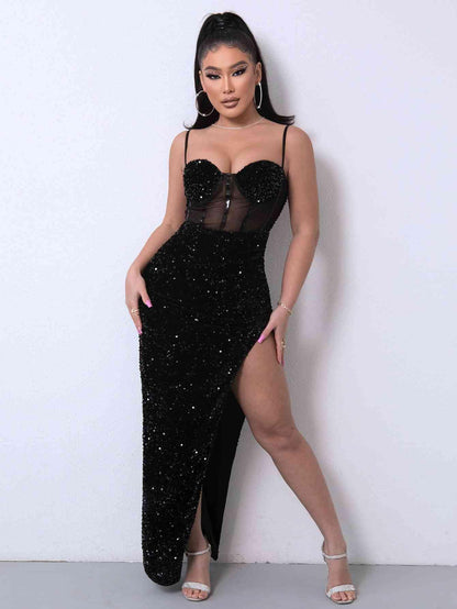 Sequin Spliced Mesh Adjustable Strap Dress Carauana Store