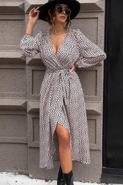 Slit Printed Surplice Balloon Sleeve Dress Carauana Store