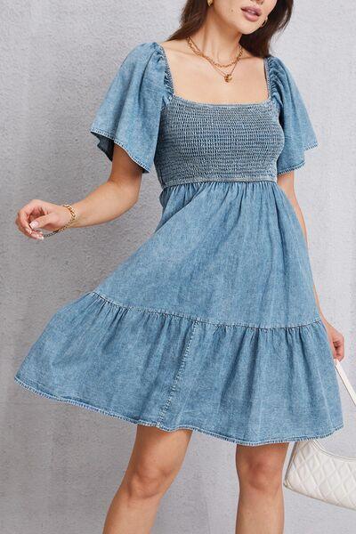 Smocked Square Neck Mini Denim Dress Carauana Store