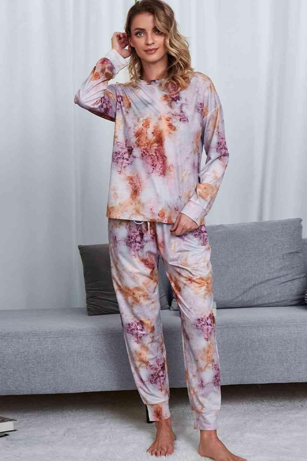 Tie-Dye Crewneck Top and Drawstring Waist Joggers Lounge Set Carauana Store
