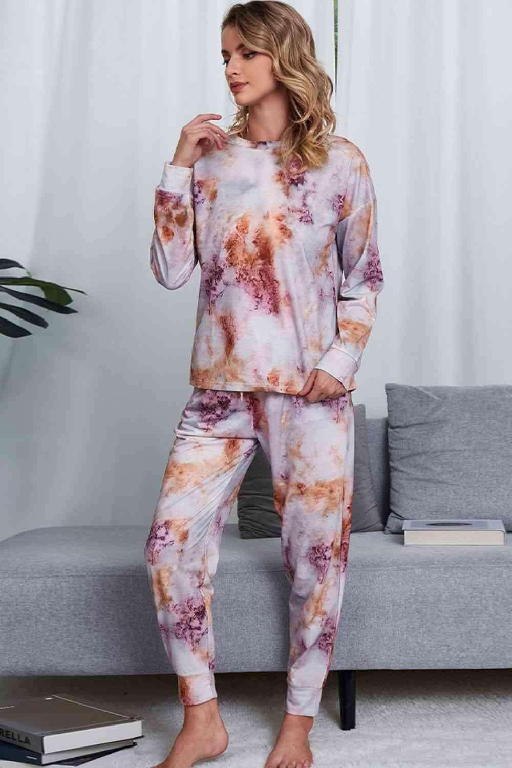 Tie-Dye Crewneck Top and Drawstring Waist Joggers Lounge Set Carauana Store