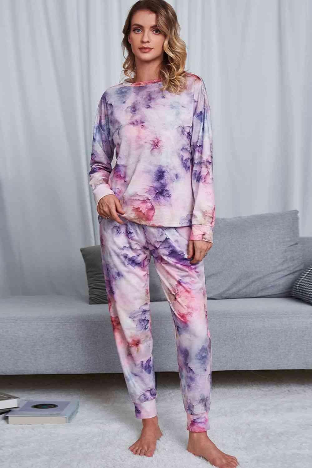 Tie-Dye Crewneck Top and Drawstring Waist Joggers Lounge Set Carauana Store