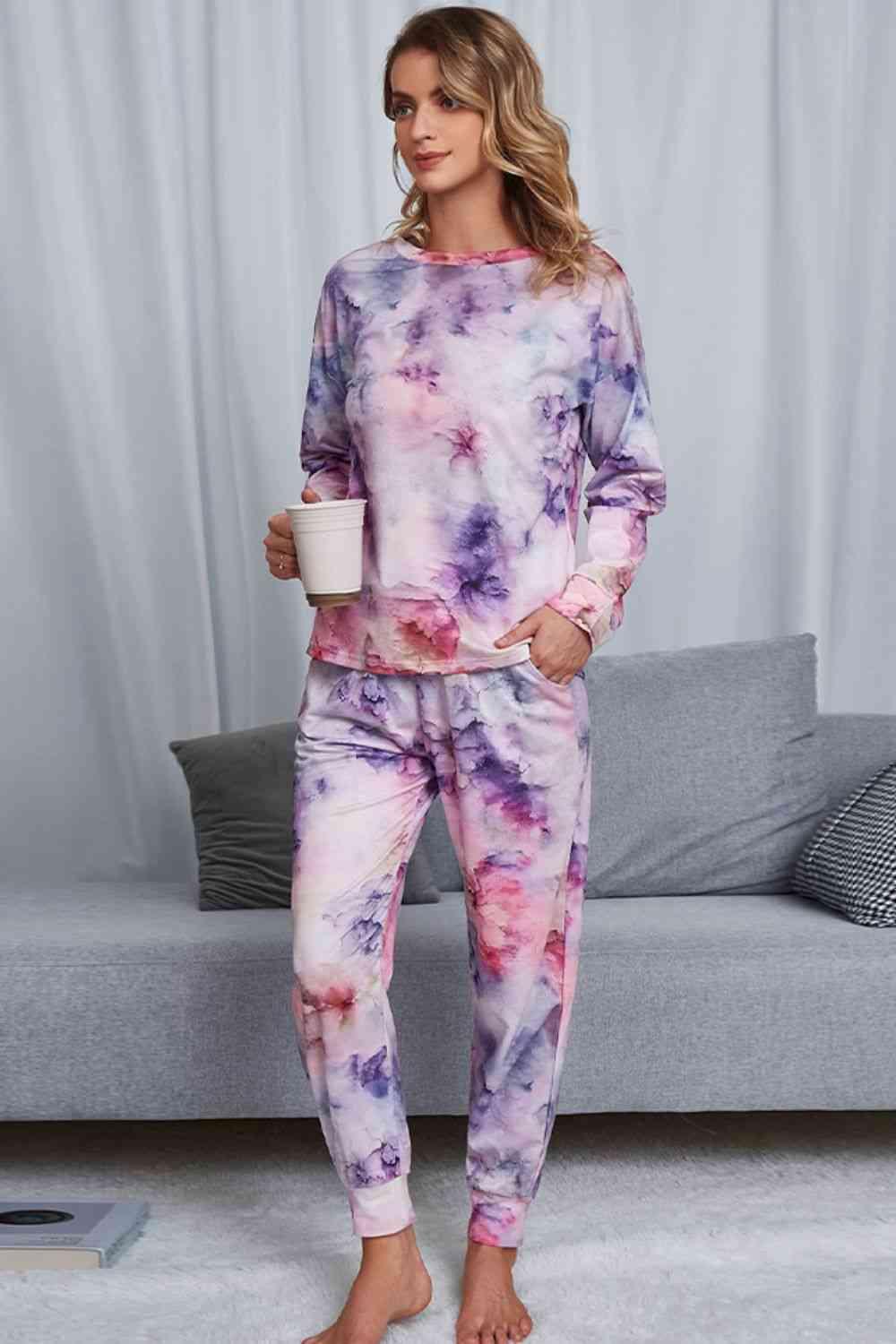 Tie-Dye Crewneck Top and Drawstring Waist Joggers Lounge Set Carauana Store