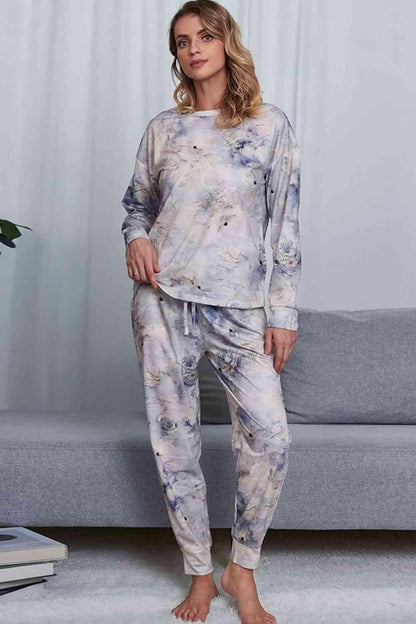 Tie-Dye Crewneck Top and Drawstring Waist Joggers Lounge Set Carauana Store