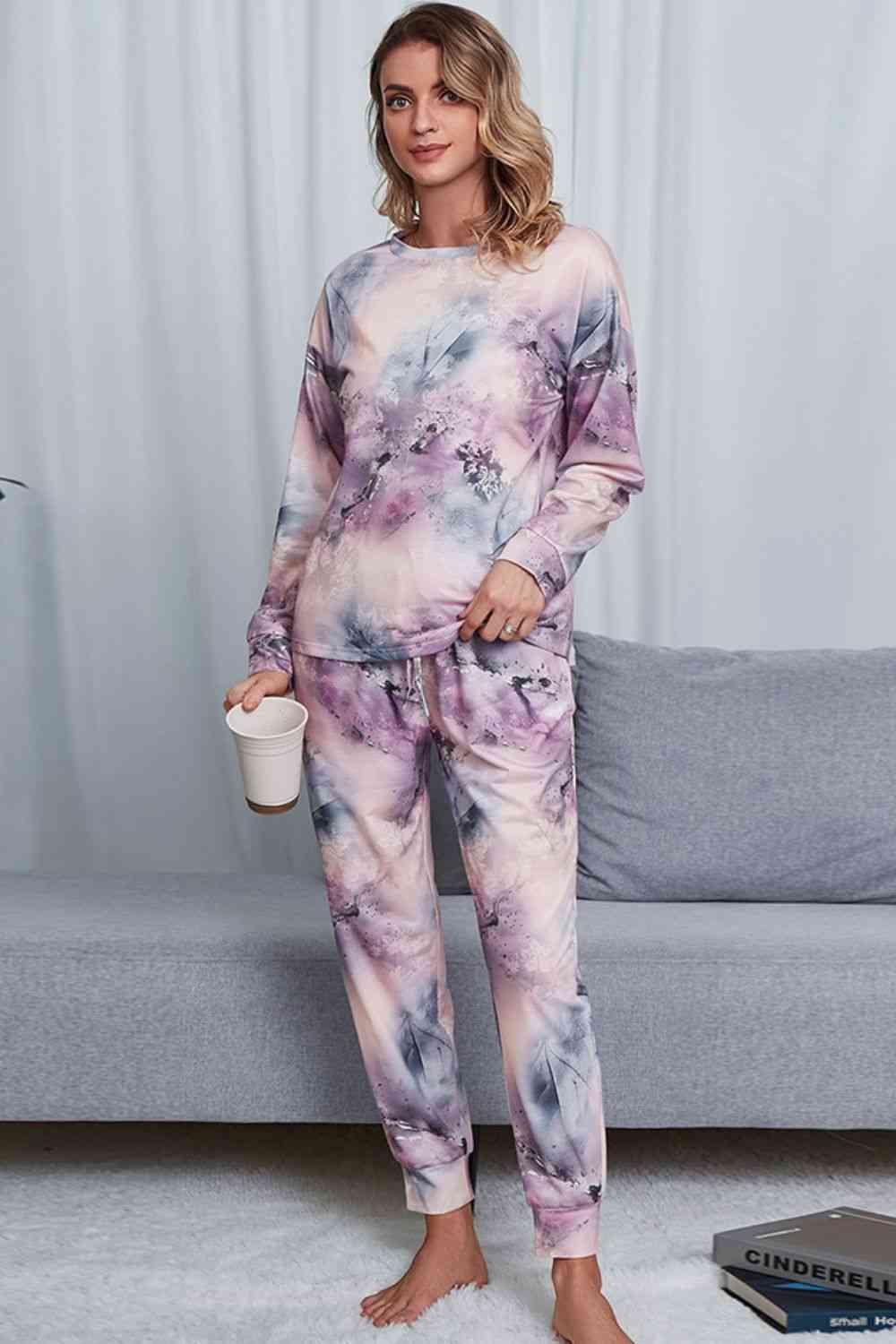 Tie-Dye Crewneck Top and Drawstring Waist Joggers Lounge Set Carauana Store