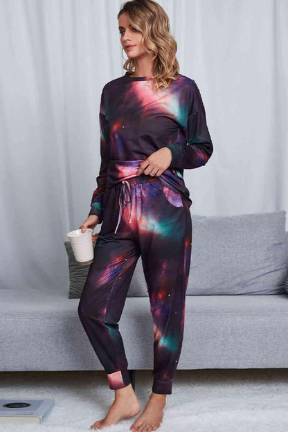 Tie-Dye Crewneck Top and Drawstring Waist Joggers Lounge Set Carauana Store